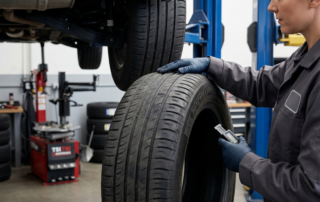 Gloved hands checking tire tread depth